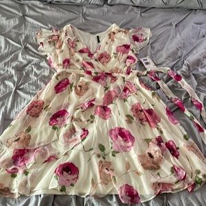Ivory Faux Wrap Dress with Pink Flowers and Tie